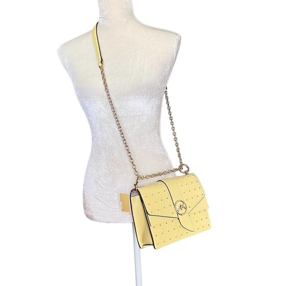 Michael Kors Greenwich Buttercup Convertible Crossbody Bag Gold Studded Chain - Picture 2 of 12